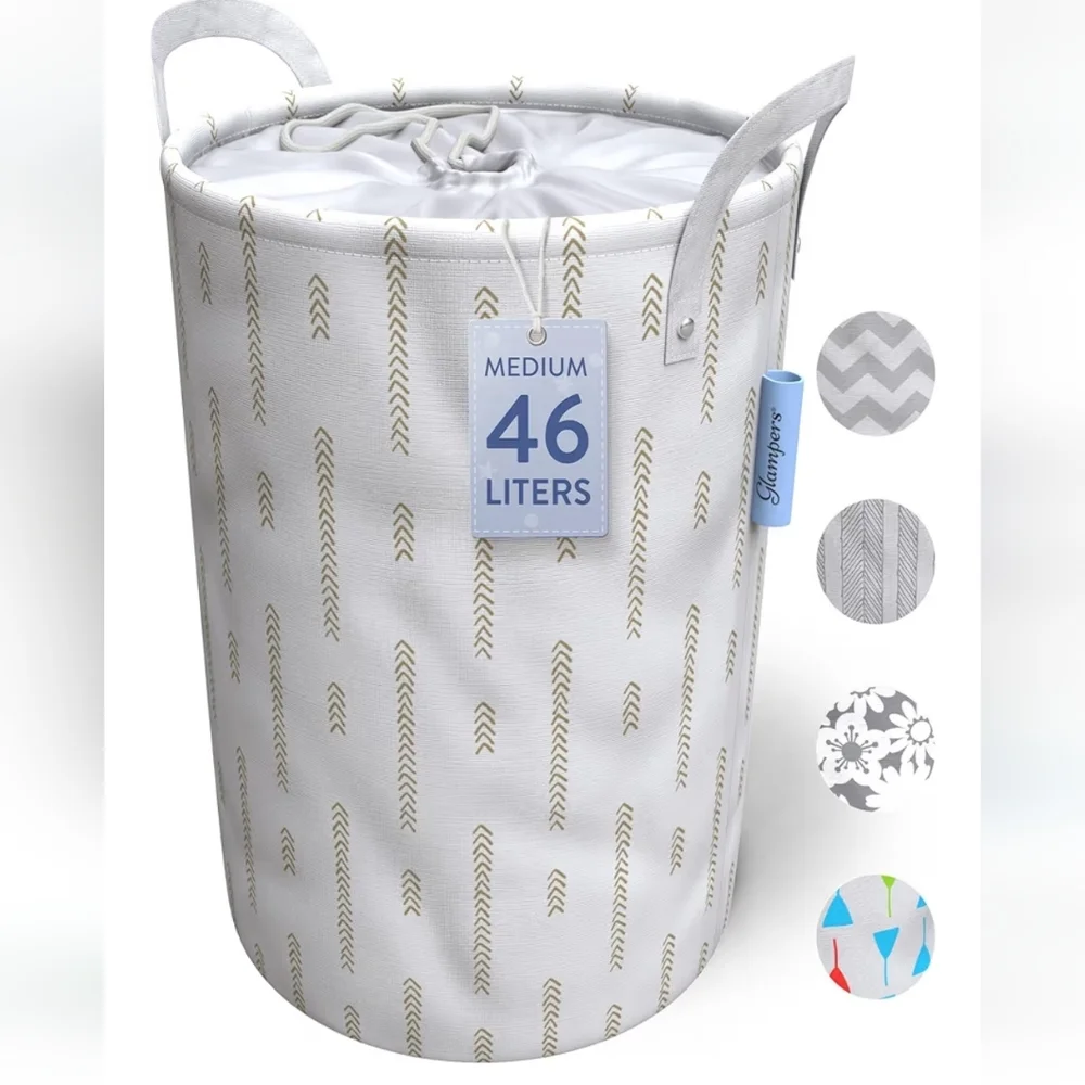 NWT Set Of 4 Medium GLAMPERS Hampers White W/Gold Arrow Design Or Flowers